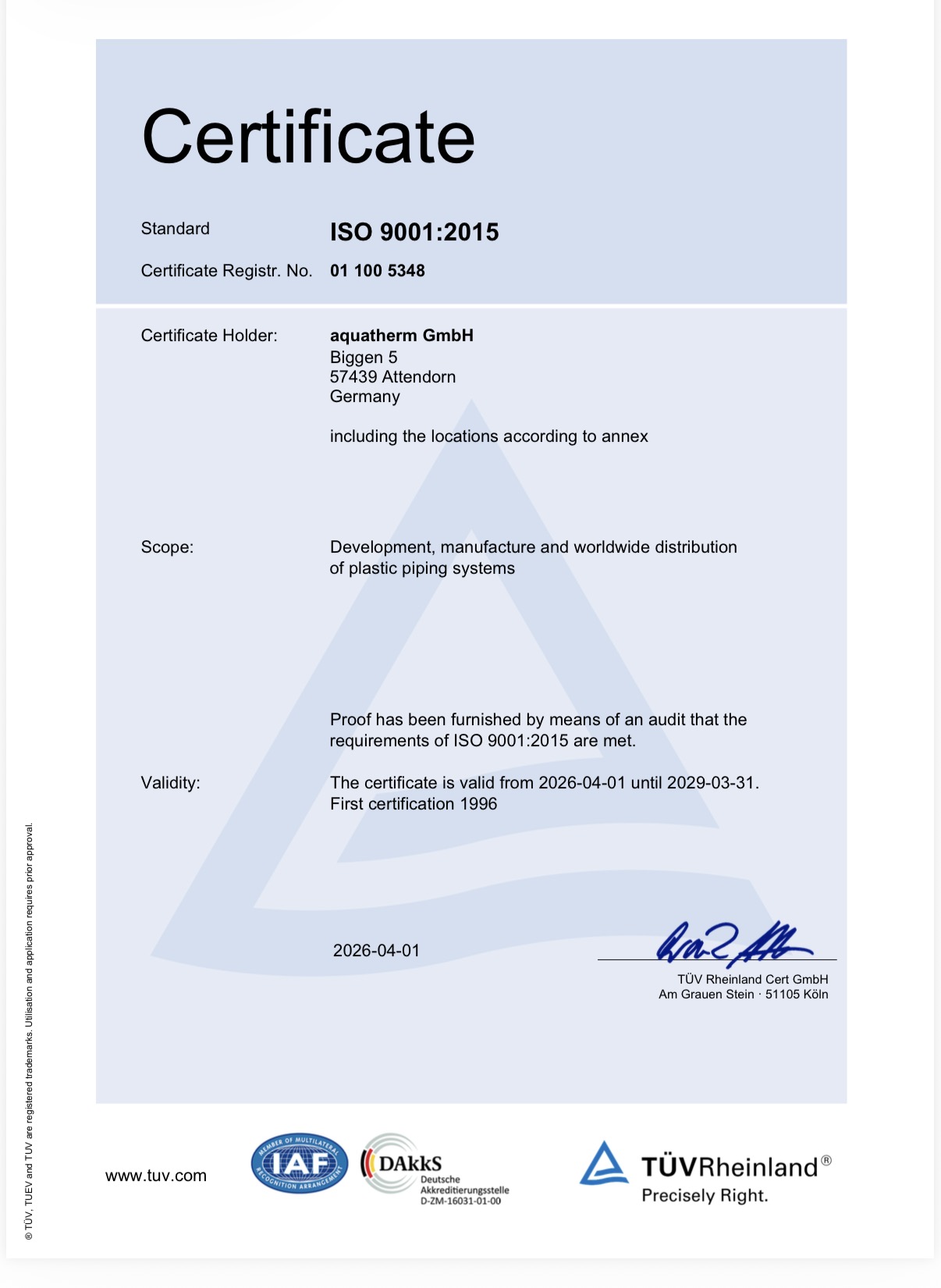 Сертификат ISO 9001:2015 на aquatherm за ВиК материали – Елит Инженеринг